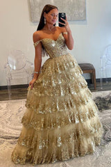 Princess Prom Dress Off the Shoulder Sequined Lace Evening Dress