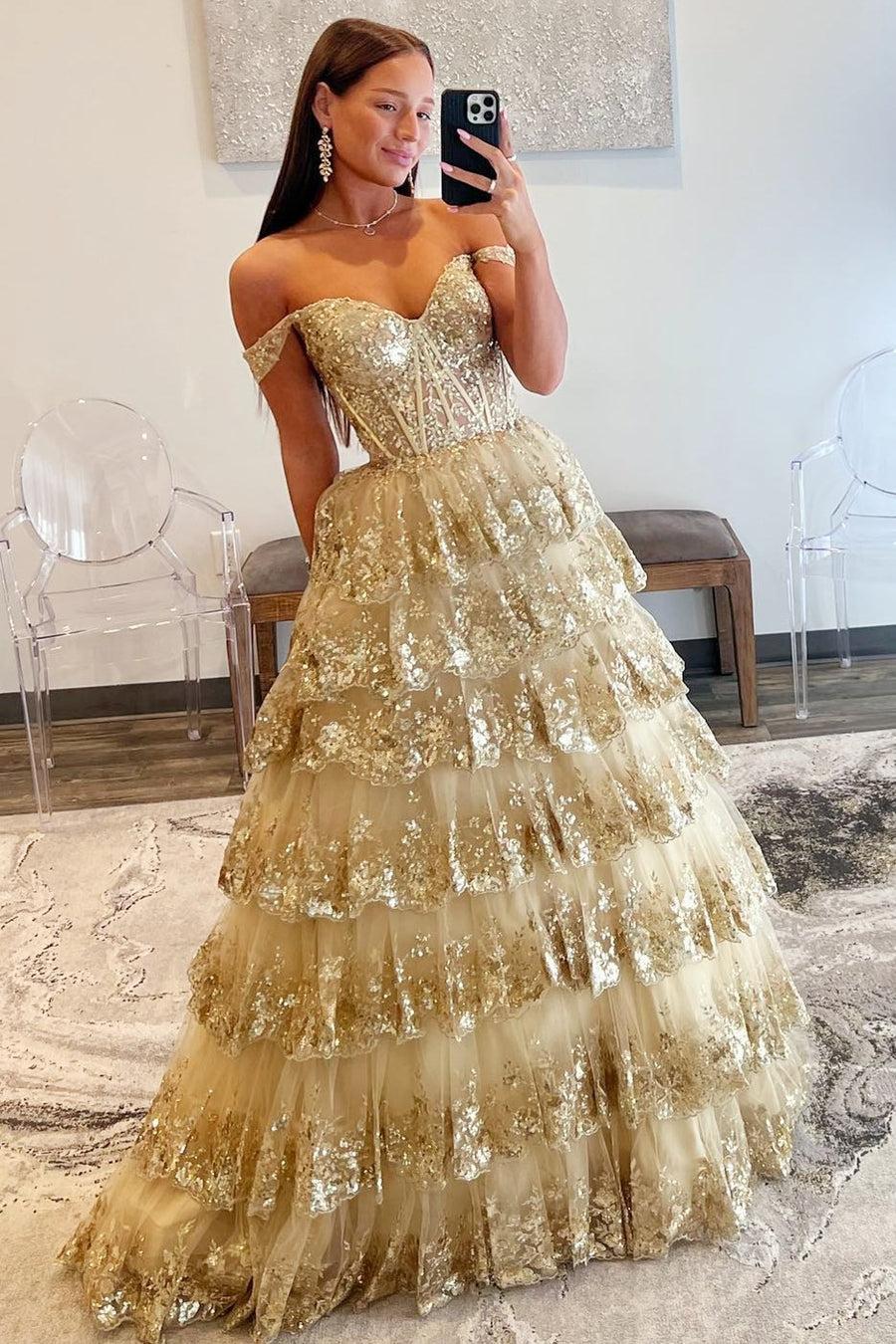 Princess Prom Dress Off the Shoulder Sequined Lace Evening Dress