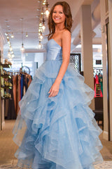 Princess Prom Dress Strapless Satin Glitter Tulle Evening Dress