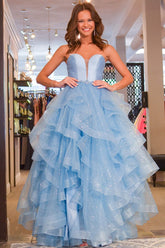 Princess Prom Dress Strapless Satin Glitter Tulle Evening Dress