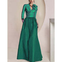 Princess V-Neck Floor-Length Mother of the Bride Dress with 3/4 Sleeves Ruched Detailing Draping and a Split Front