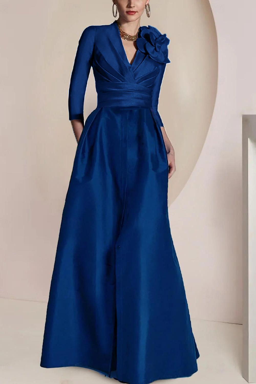 Princess V-Neck Floor-Length Mother of the Bride Dress with 3/4 Sleeves Ruched Detailing Draping and a Split Front