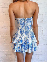 Dressystars Print Strapless Ruffles Sleeveless Short Homecoming Dress