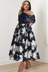 Printed Flower Plus Size Mother of the Bride A-Line Princess One-Shoulder Dress