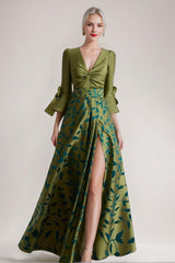 Printed Leaves Mother of the Bride A-Line Dress with 3/4 Sleeves Side Split Belt and Ruffles