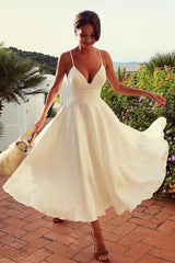 Prom Dress A Line V Neck Ivory Satin Tea Length Formal Wedding Party Dress Evening Dress