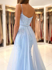 Prom Dress Blue Mermaid Lace Tulle Long Evening Dress