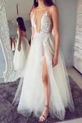 Prom Dress Ivory Crew Neck Tulle Lace Long Evening Dress