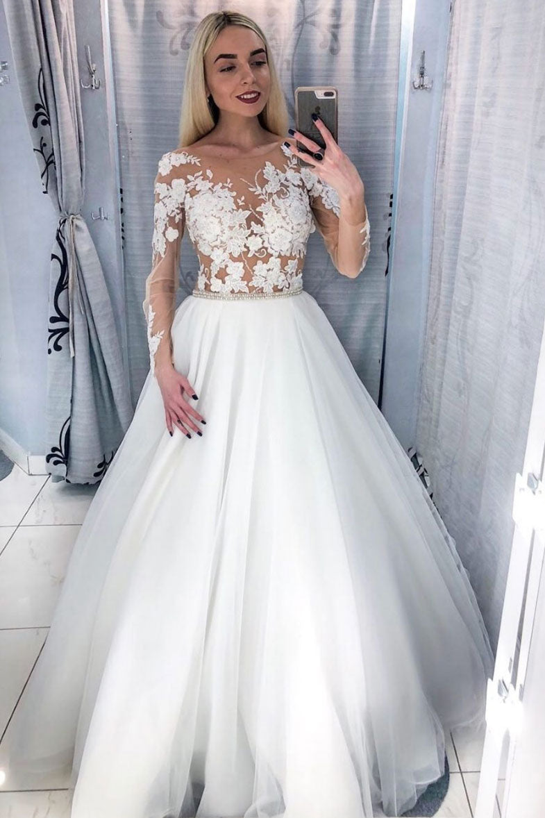 Prom Dress Ivory Crew Neck Tulle Lace Long Formal Gown Evening Dress