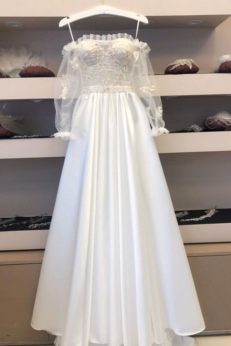 Prom Dress Ivory Lace Satin Long Evening Dress