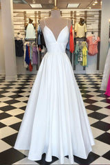 Prom Dress Ivory V Neck Satin Long Evening Dress