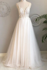Prom Dress Ivory V Neck Tulle Lace Long Evening Dress