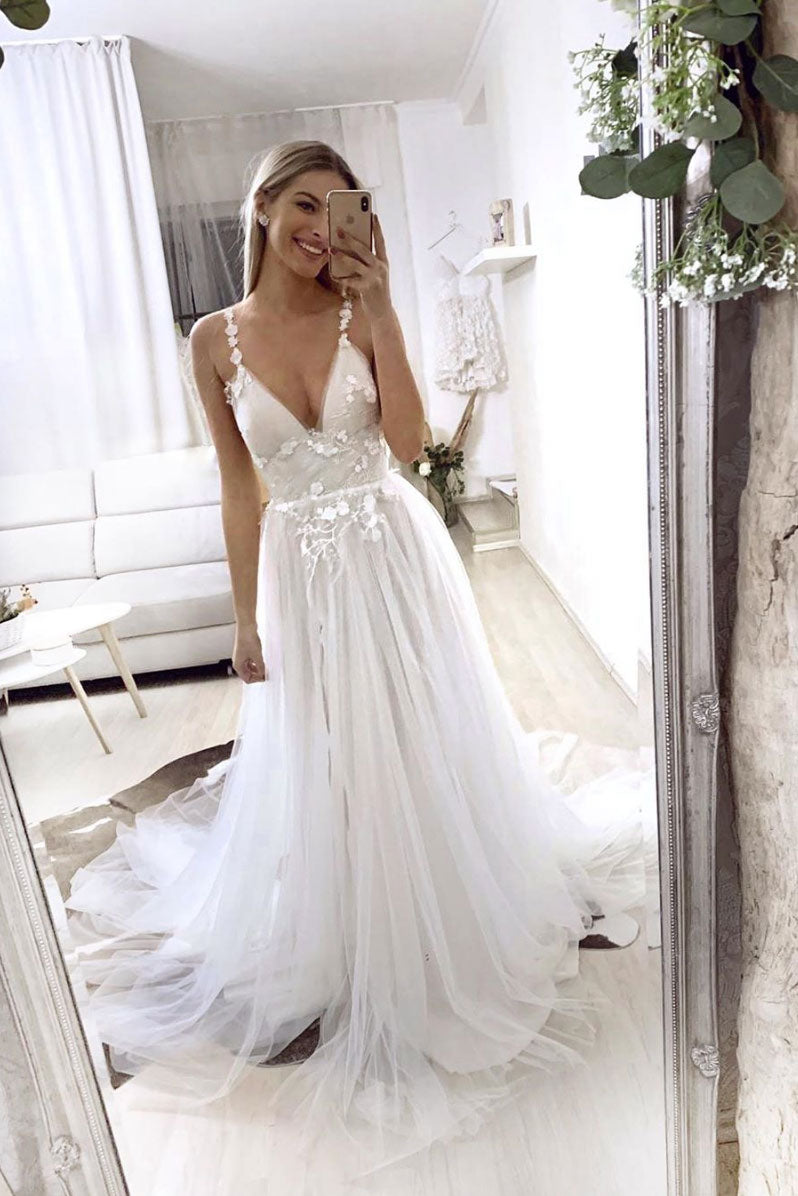 Prom Dress Ivory V Neck Tulle Lace Long Formal Dress Evening Dress