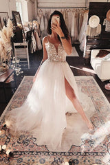 Prom Dress Ivory V Neck Tulle Lace Long Formal Gown Evening Dress