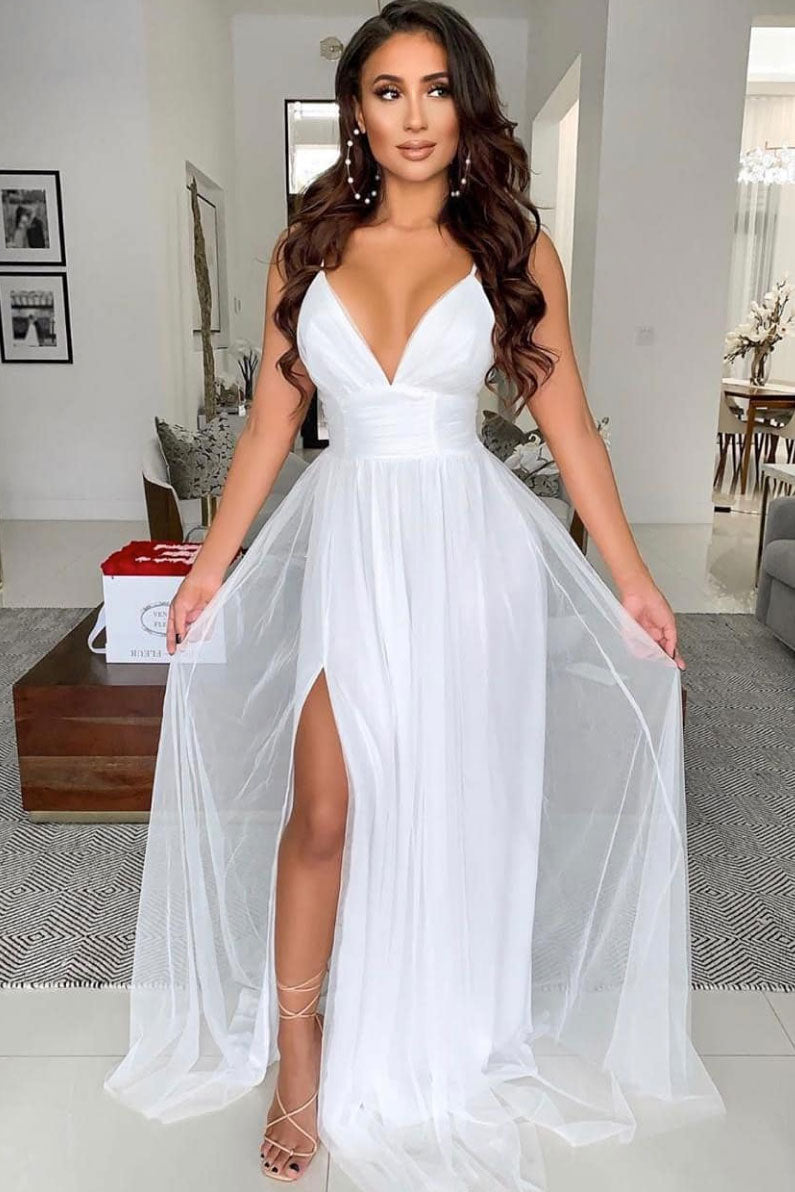 Prom Dress Ivory V Neck Tulle Long Evening Gown Evening Dress