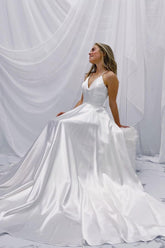 Prom Dress Simple Ivory V Neck Satin Long A Line Evening Dress