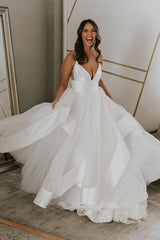 Prom Dress Simple V Neck Tulle Long Ivory Evening Dress