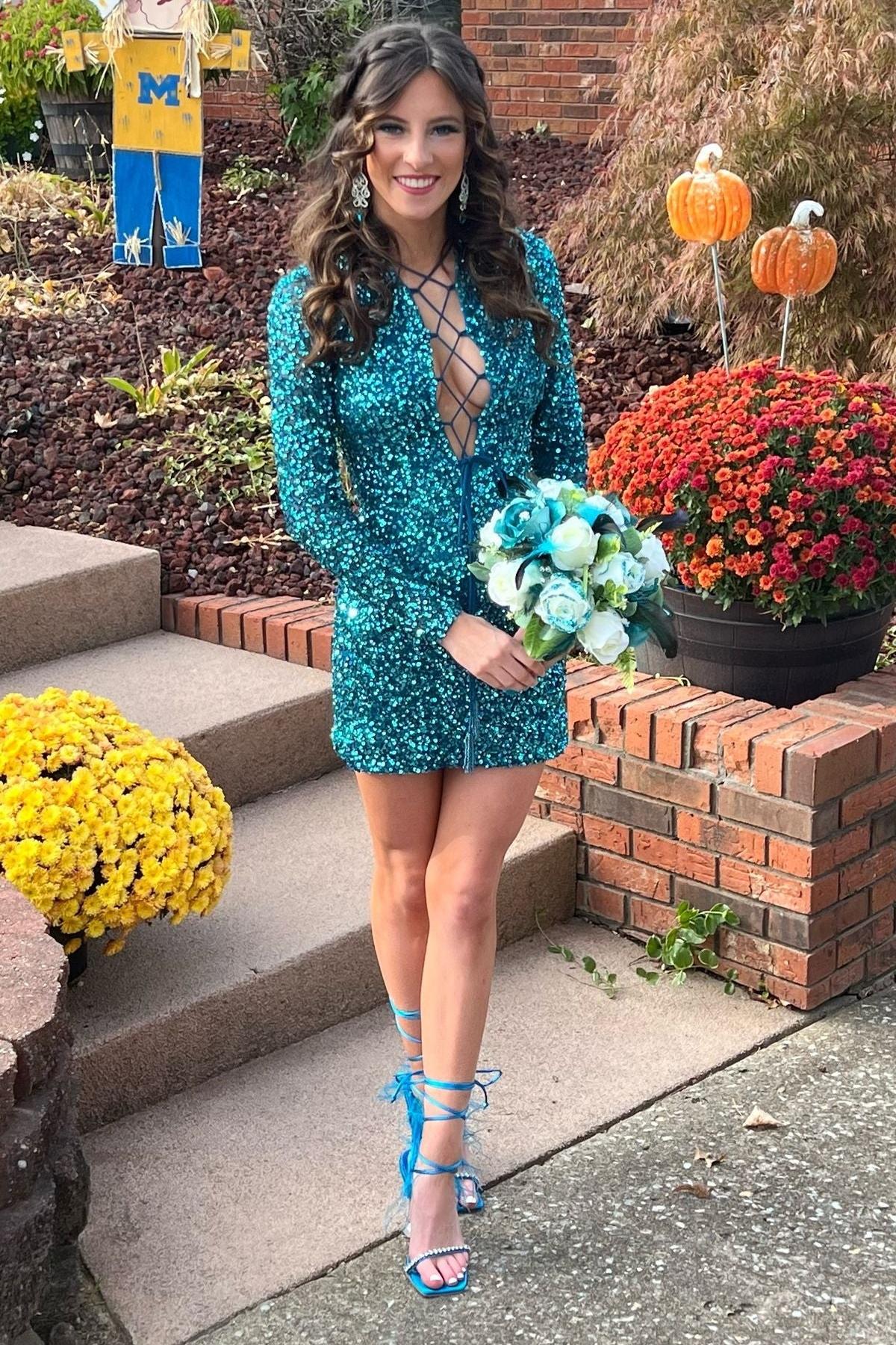 Prunella Homecoming Dress Pretty Bodycon Long Sleeve Sequin Short Party Cocktail Dress