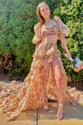 Puff Sleeves Prom Dress Printed Blush Long Evening Dress with Slit