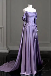 Purple A Line Prom Dress Cap Sleeve Off the Shoulder Satin Formal Dress