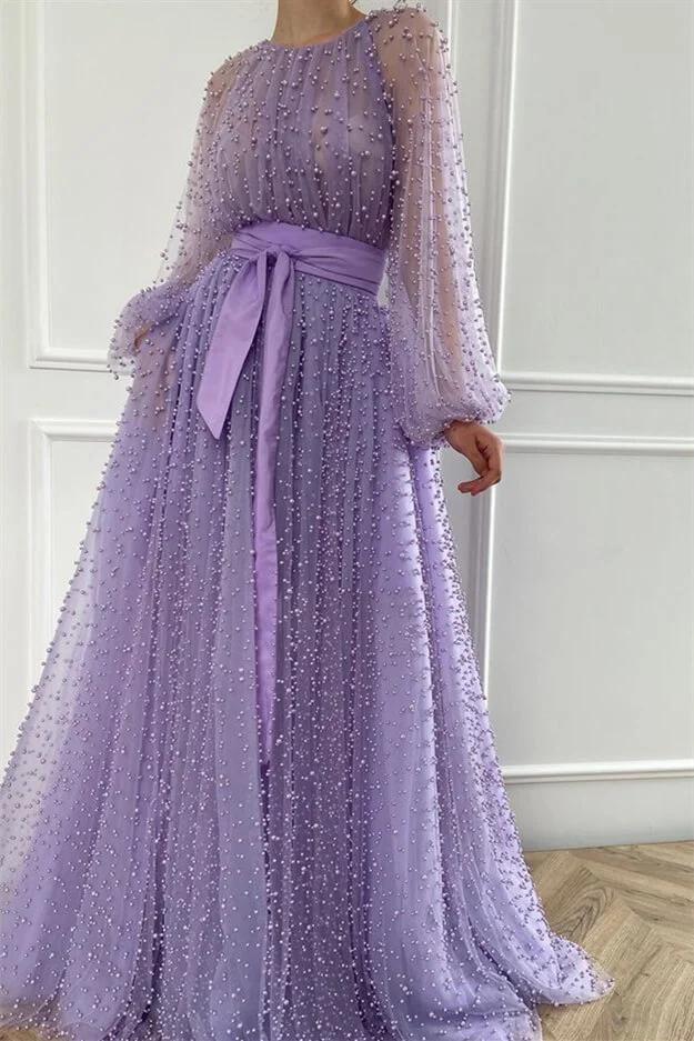 Purple A Line Prom Dress Long Sleeve Crew Neck Formal Dress With Beadings and Rhinestones