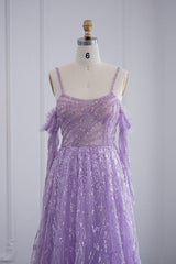 Purple A Line Prom Dress Long Sleeve Spaghetti Straps Formal Dress With Sequins