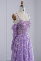 Purple A Line Prom Dress Long Sleeve Spaghetti Straps Formal Dress With Sequins