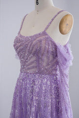 Purple A Line Prom Dress Long Sleeve Spaghetti Straps Formal Dress With Sequins