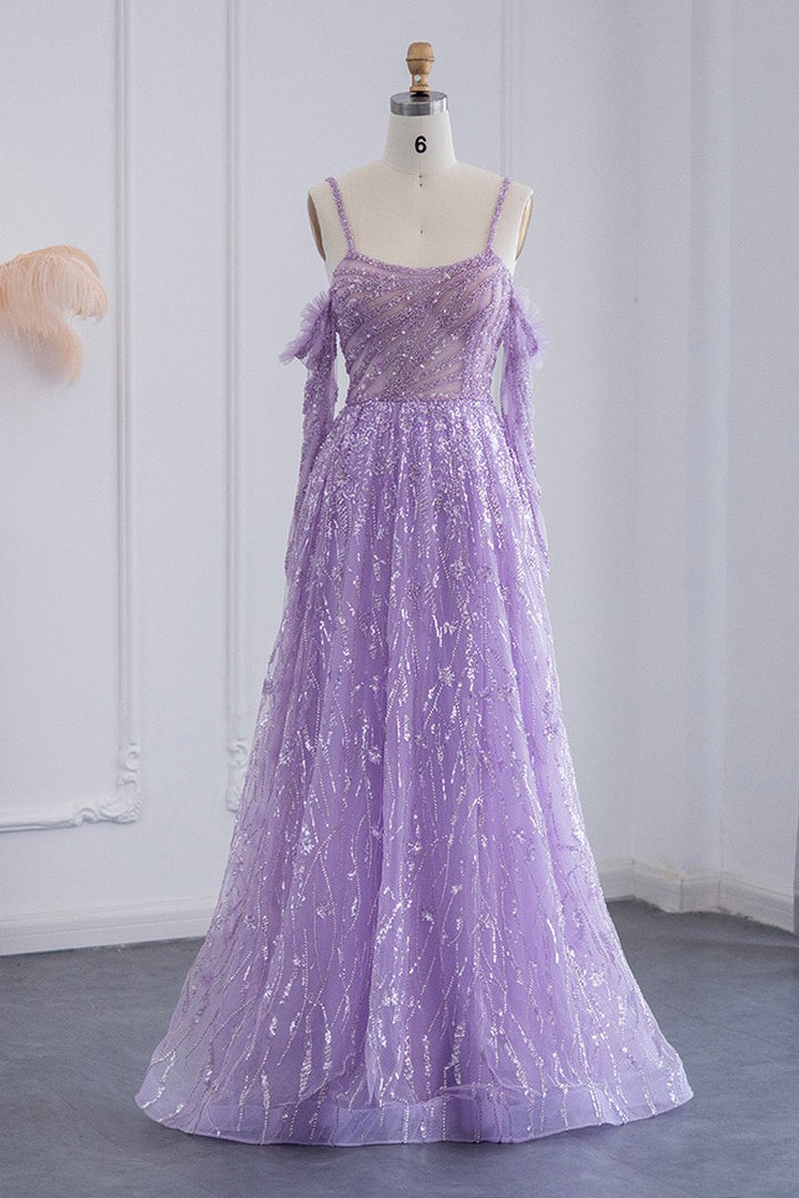 Purple A Line Prom Dress Long Sleeve Spaghetti Straps Formal Dress With Sequins