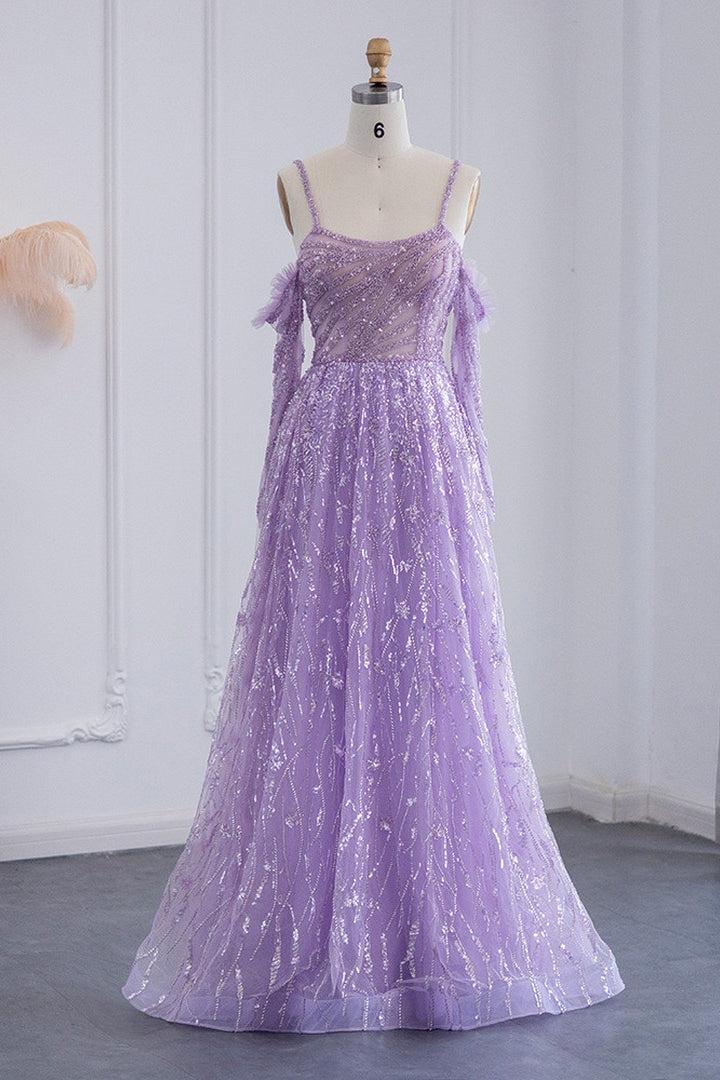 Purple A Line Prom Dress Long Sleeve Spaghetti Straps Formal Dress With Sequins