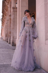 Purple A Line Prom Dress Long Sleeve V Neck Formal Dress With 3D Flowers