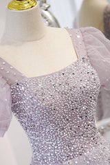 Purple A Line Prom Dress Short Sleeve Square Neck Formal Dress With Beadings and Rhinestones