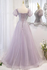 Purple A Line Prom Dress Short Sleeve Square Neck Formal Dress With Beadings and Rhinestones
