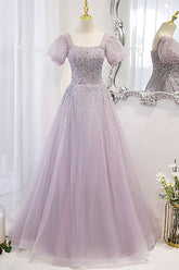 Purple A Line Prom Dress Short Sleeve Square Neck Formal Dress With Beadings and Rhinestones