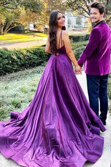 Purple A Line Prom Dress Sleeveless Spaghetti Straps Satin Formal Dress