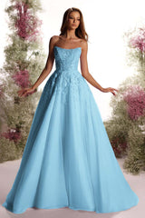 Purple A Line Prom Dress Sleeveless Strapless Formal Dress With Lace Appliques