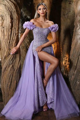Purple Detachable Train Prom Dress Cap Sleeve Off the Shoulder Formal Dress With Lace Appliques