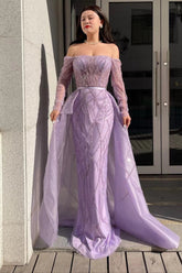 Purple Detachable Train Prom Dress Long Sleeve Off the Shoulder Formal Dress With Beadings and Rhinestones