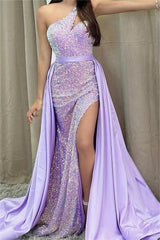 Purple Detachable Train Prom Dress Sleeveless One Shoulder Sequined Formal Dress