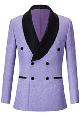 Purple Double Breasted Jacquard Wedding Suit with Black Velvet Shawl Lapel