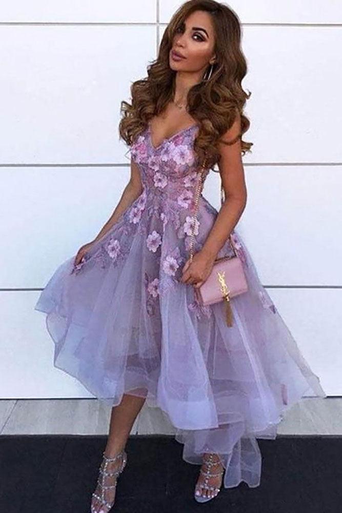 Purple Homecoming Dress High Low Tulle Lace Prom Dress