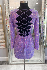 Purple Homecoming Dress Sequin Style Lace Up Party with Long Sleeves Short Party Cocktail Dress
