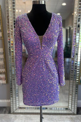 Purple Homecoming Dress Sequin Style Lace Up Party with Long Sleeves Short Party Cocktail Dress