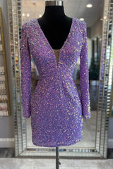 Purple Homecoming Dress Sequin Style Lace Up Party with Long Sleeves Short Party Cocktail Dress