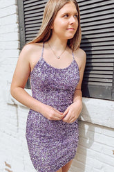 Purple Homecoming Dress Sparkly Sequin Bodycon With Criss Cross Back Short Party Cocktail Dress