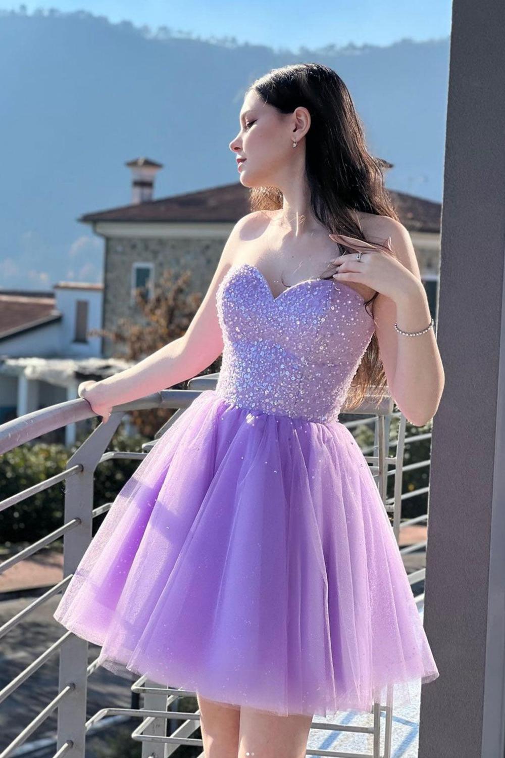 Purple Homecoming Dress Sweetheart Neck Short Party Cocktail Dress