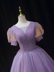 Purple Homecoming Dress V Neck Tulle Beaded Sequin Short Party Cocktail Dress