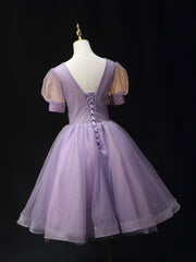 Purple Homecoming Dress V Neck Tulle Beaded Sequin Short Party Cocktail Dress