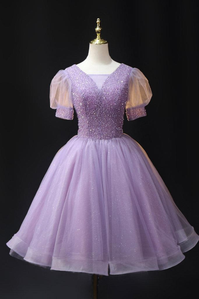 Purple Homecoming Dress V Neck Tulle Beaded Sequin Short Party Cocktail Dress