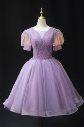 Purple Homecoming Dress V Neck Tulle Beaded Sequin Short Party Cocktail Dress